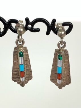 Sterling Silver Earrings Geometrical Multi-stones Corral Turquoise Stamped Vtg